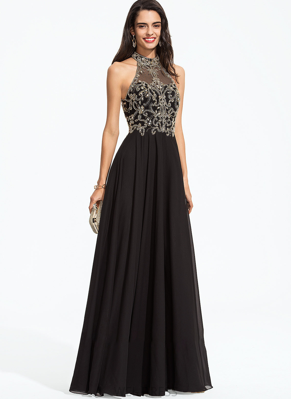 Floor-Length Prom Dresses Nathaly Chiffon Beading With A-Line High Neck Sequins