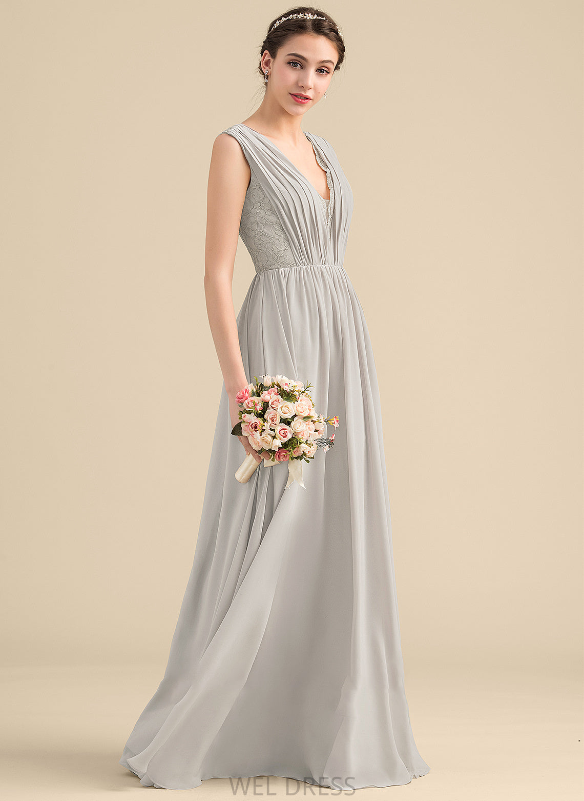 Floor-Length Length V-neck Embellishment Neckline Ruffle Fabric Silhouette A-Line Essence A-Line/Princess Sleeveless
