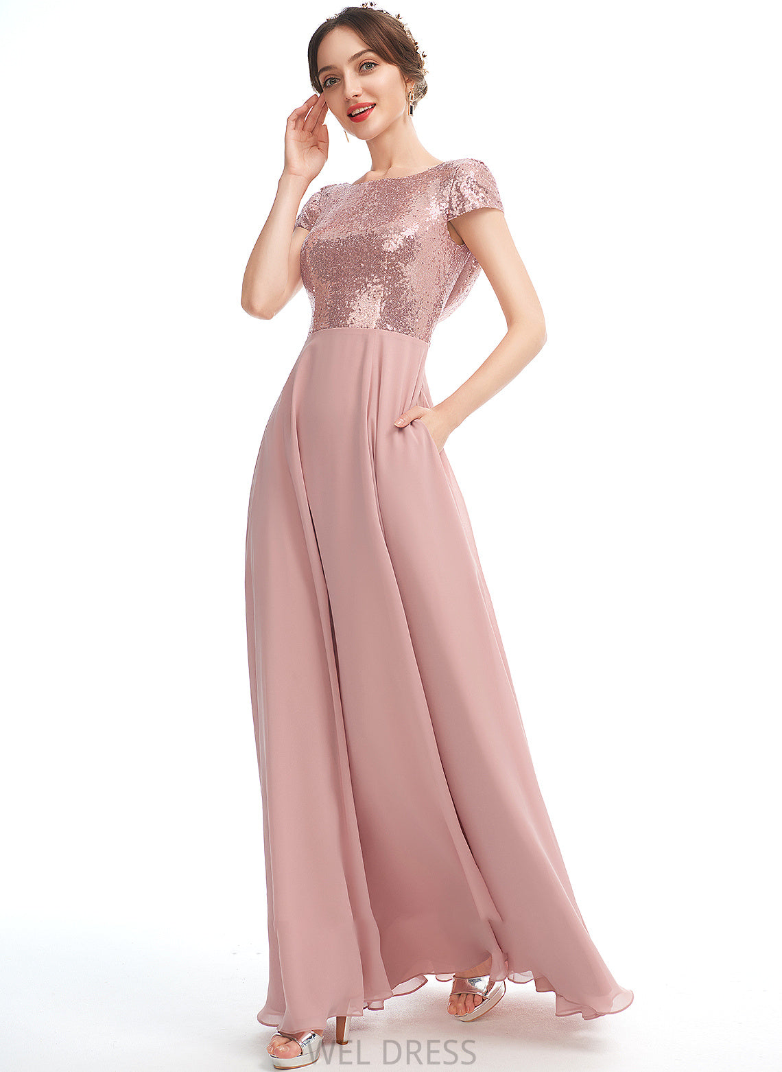 Floor-Length Sequins A-Line Length ScoopNeck SplitFront Fabric Neckline Silhouette Embellishment Sydnee Natural Waist