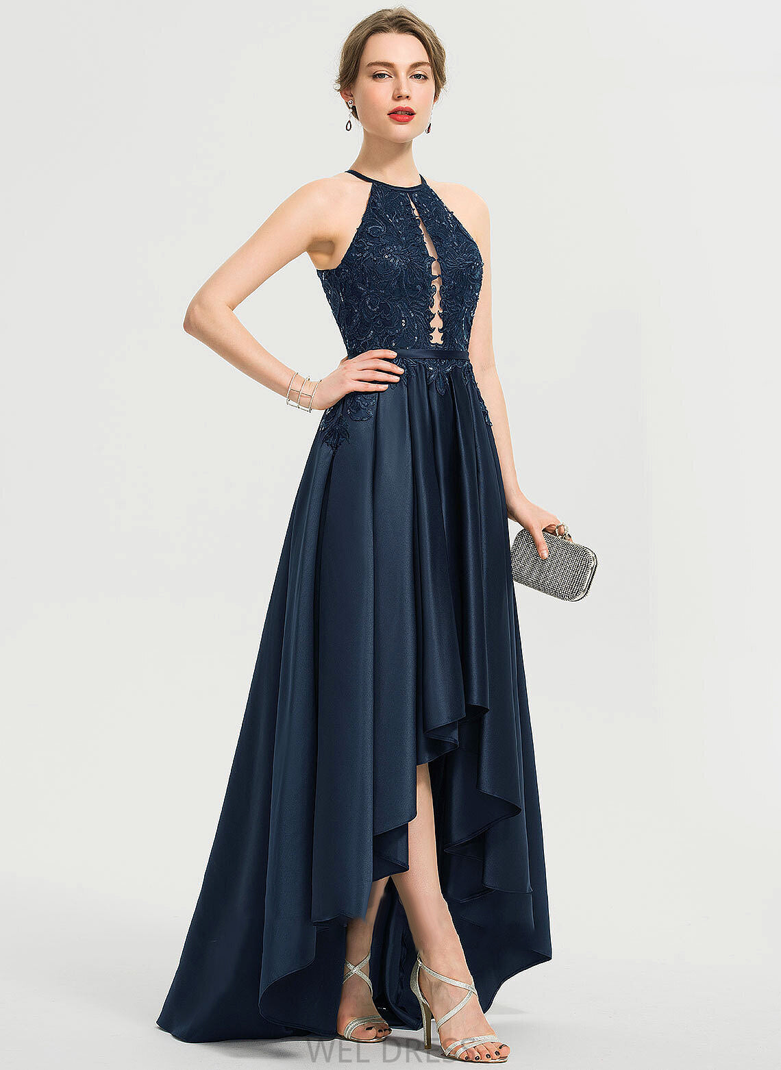 Neck Sequins Prom Dresses A-Line Precious Asymmetrical Satin Scoop With