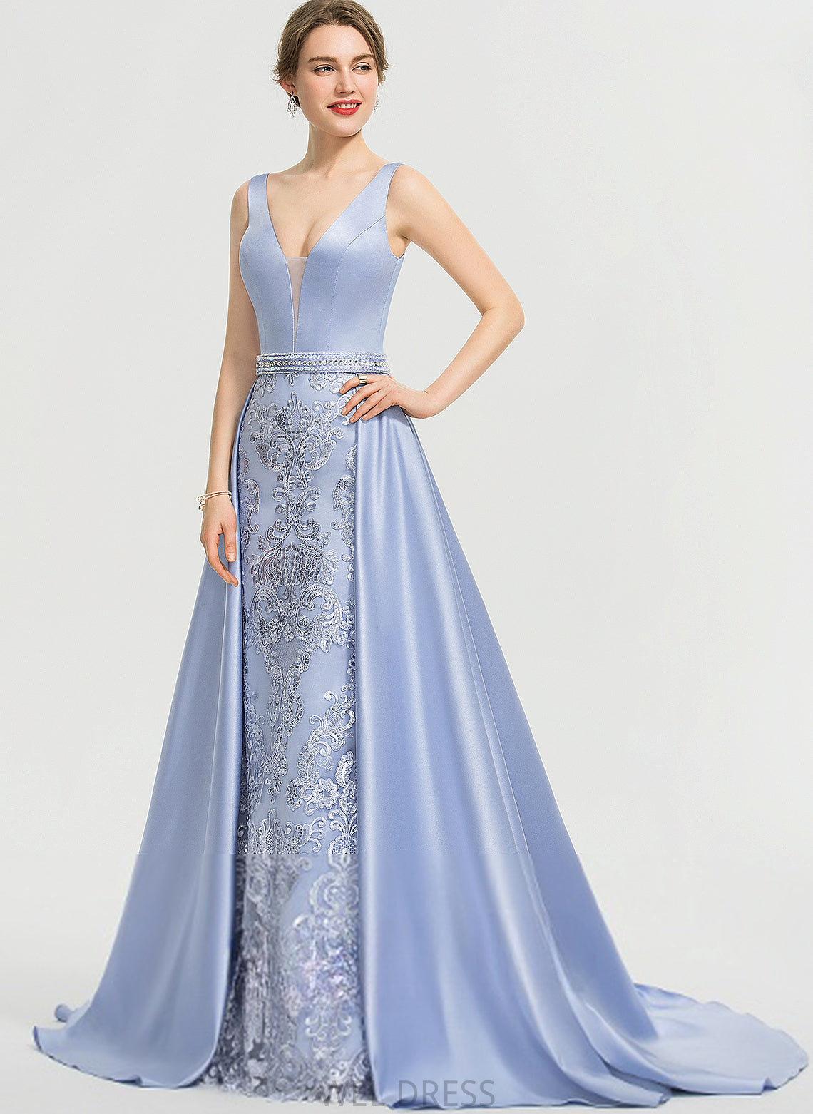 Sequins Prom Dresses Sweep Train Beading Lace Satin V-neck Sheath/Column With Valentina