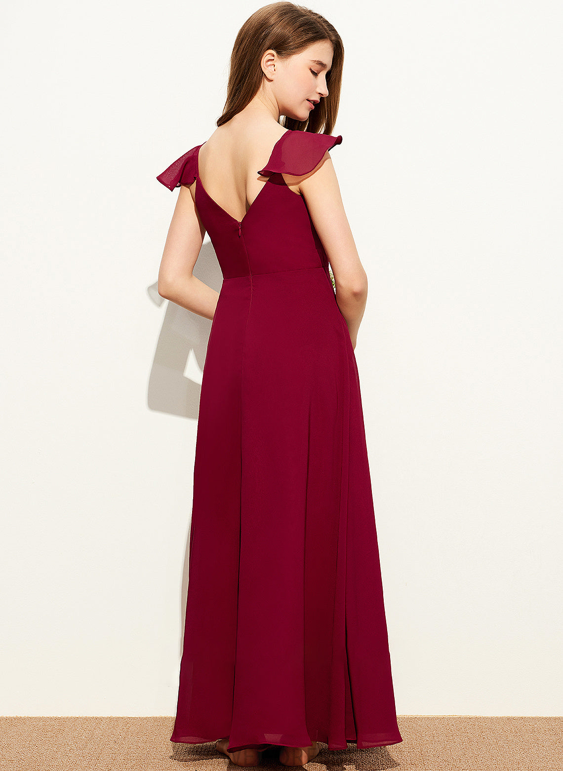 Elianna Junior Bridesmaid Dresses Chiffon Ruffle Floor-Length A-Line With V-neck