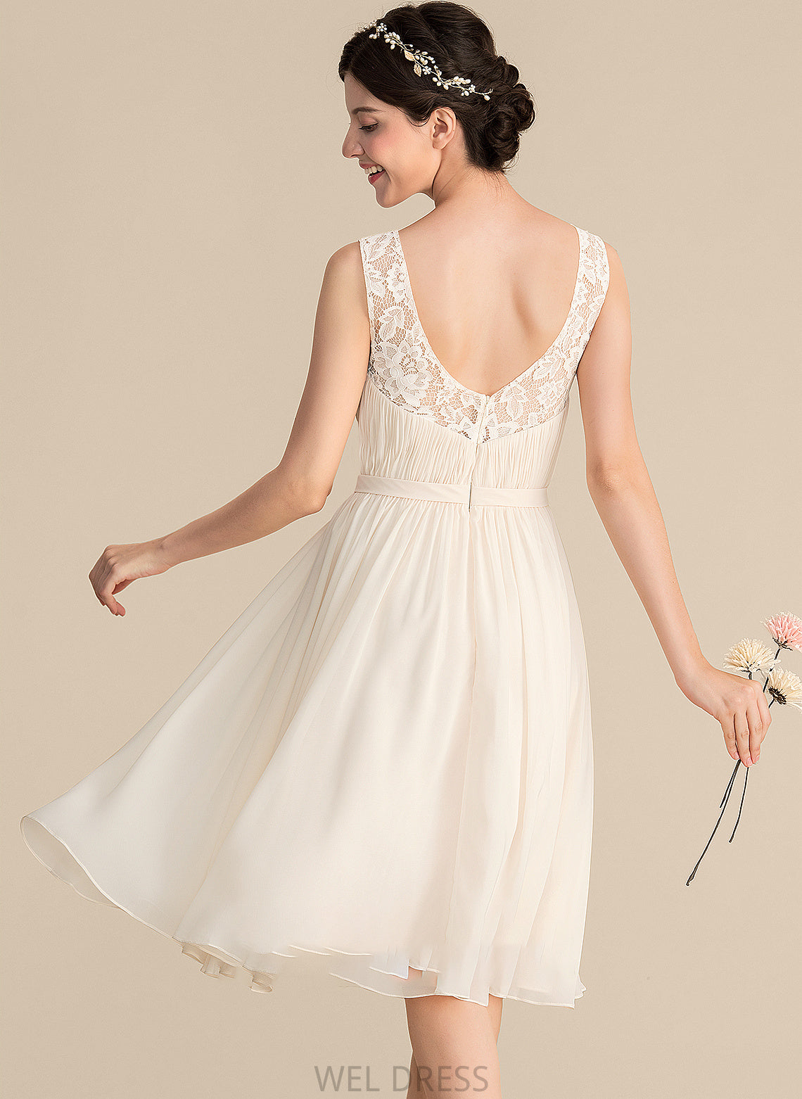 Wedding Dresses With Dress Ruffle V-neck Knee-Length Lace Raina Wedding A-Line Chiffon