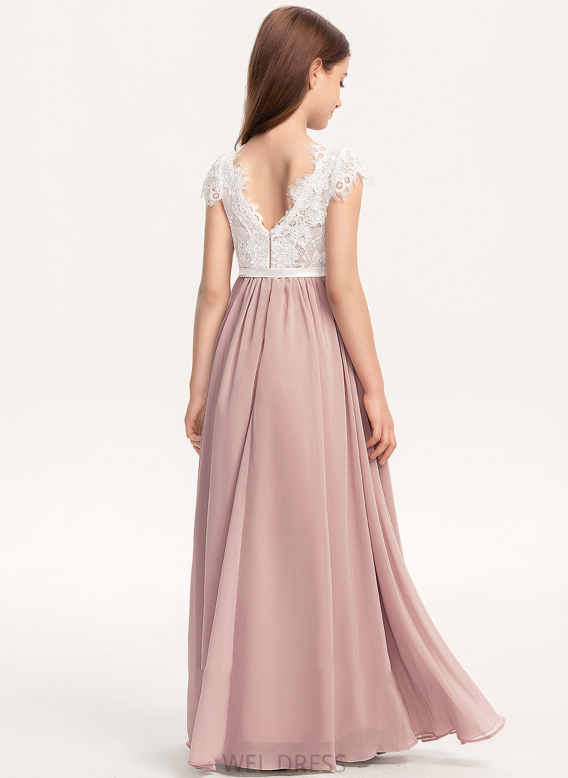 Floor-Length Chiffon Junior Bridesmaid Dresses Lace Violet Bow(s) A-Line Neck With Scoop