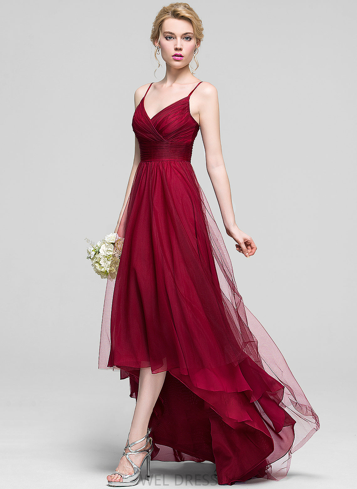 Asymmetrical Fabric Ruffle A-Line Neckline Length Silhouette V-neck Embellishment Madilynn Sleeveless A-Line/Princess