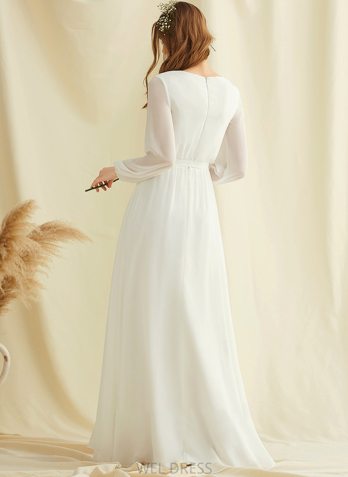 With Split V-neck Wedding Dresses Ava Floor-Length Chiffon Front Dress A-Line Wedding