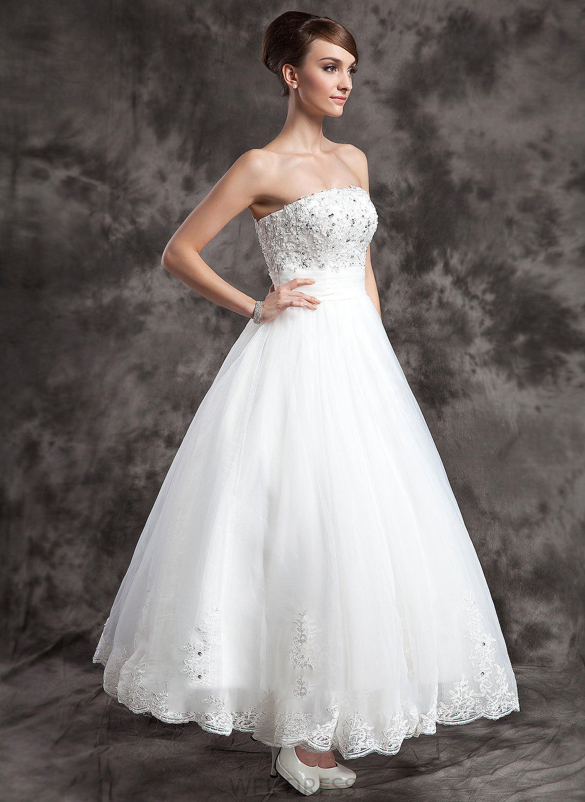 Strapless Ball-Gown/Princess Wedding With Organza Ankle-Length Wedding Dresses Lace Beading Jenna Dress Satin