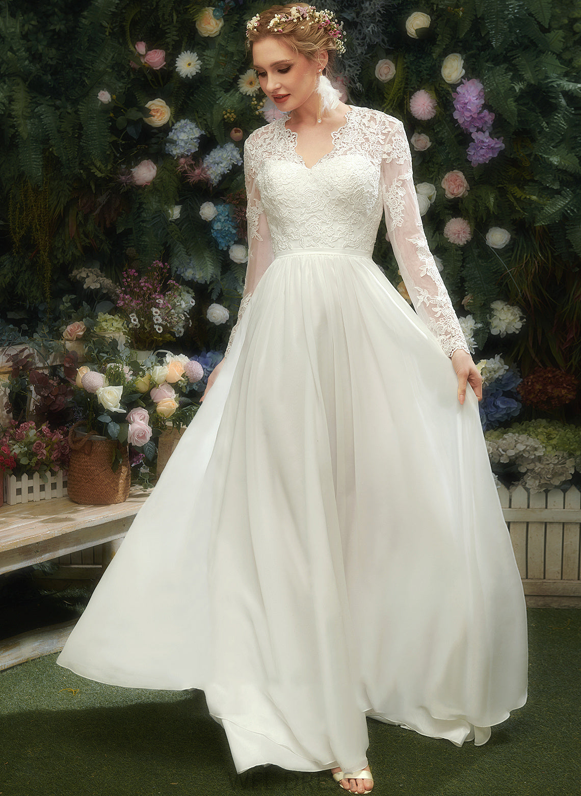 A-Line Lace V-neck With Dress Wedding Dresses Wedding Mira Floor-Length