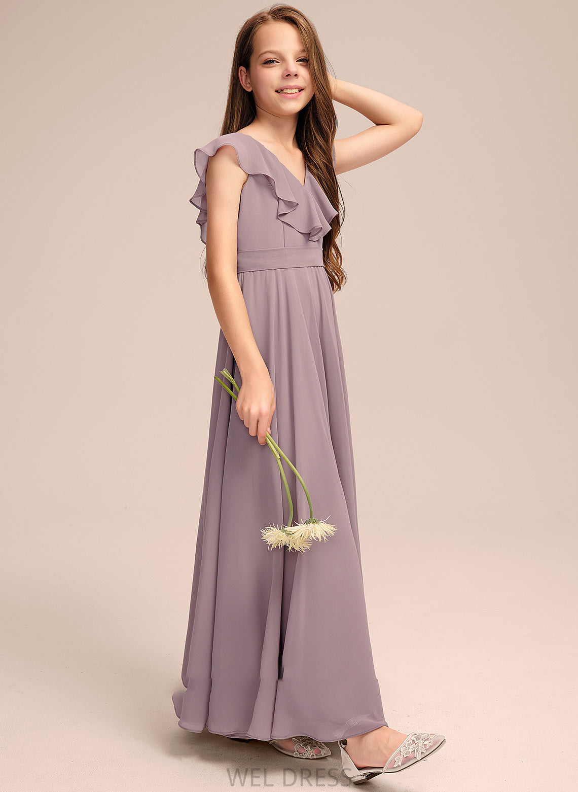 A-Line V-neck Ruffles Cascading Charlee Floor-Length With Junior Bridesmaid Dresses Chiffon