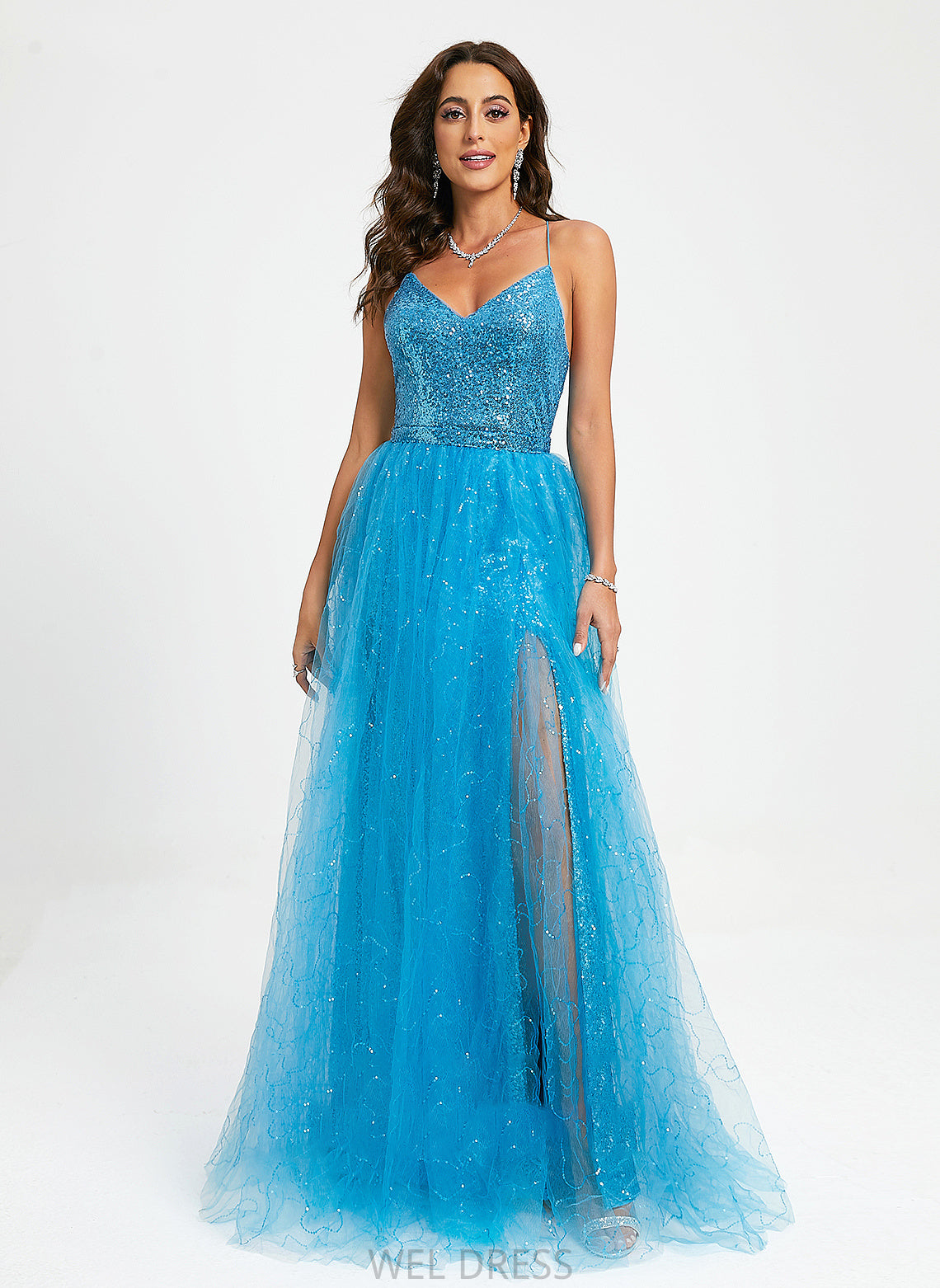Floor-Length Tulle With Sequins Prom Dresses Charity V-neck Ball-Gown/Princess