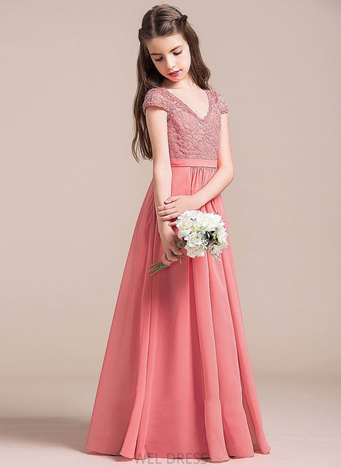 V-neck A-Line Floor-Length Junior Bridesmaid Dresses Judith Lace Chiffon