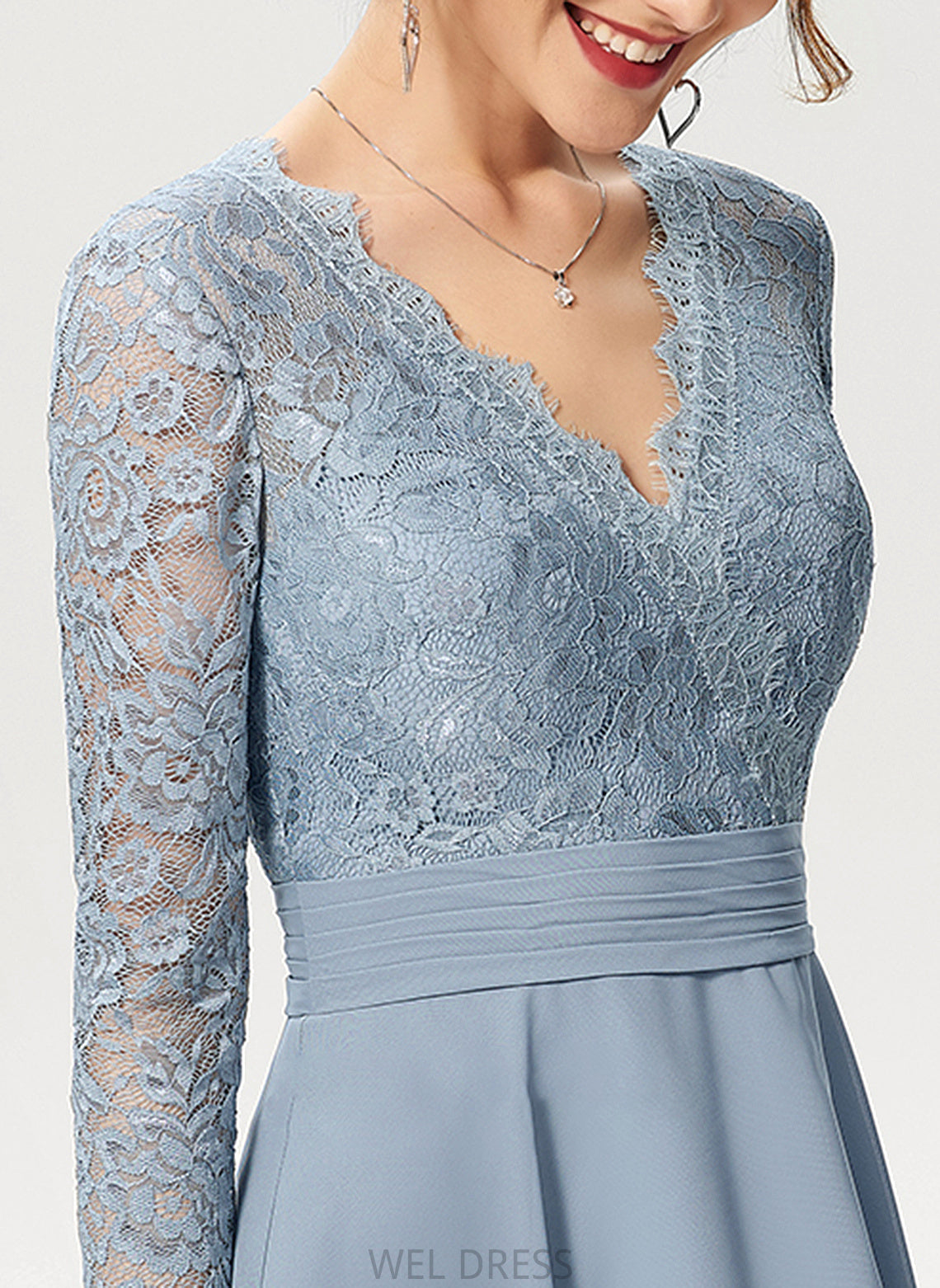 V-neck Sleeve Length Fabric Silhouette Knee-Length Neckline Lace A-Line Emilie Short Sleeves A-Line/Princess