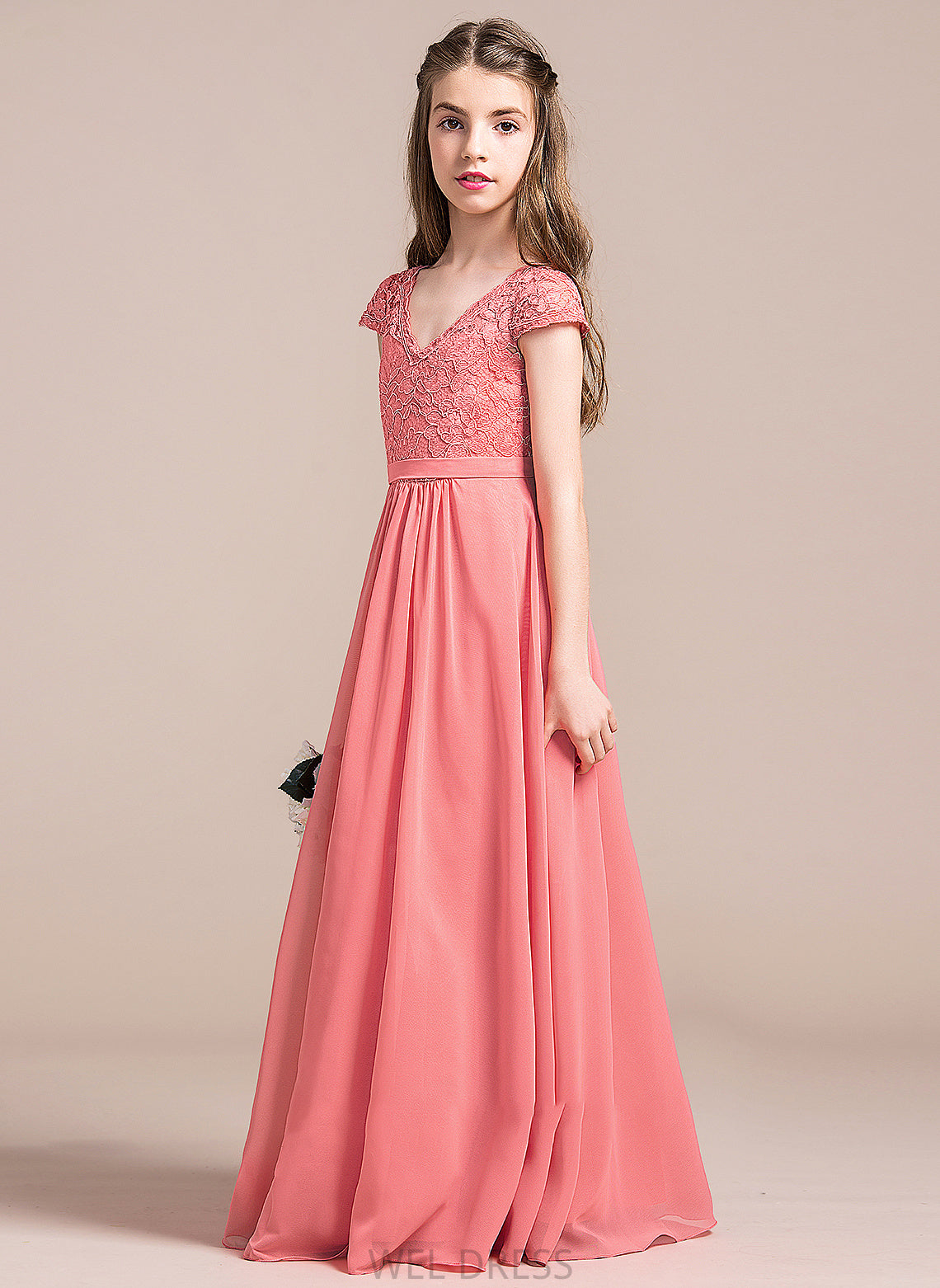 V-neck A-Line Floor-Length Junior Bridesmaid Dresses Judith Lace Chiffon