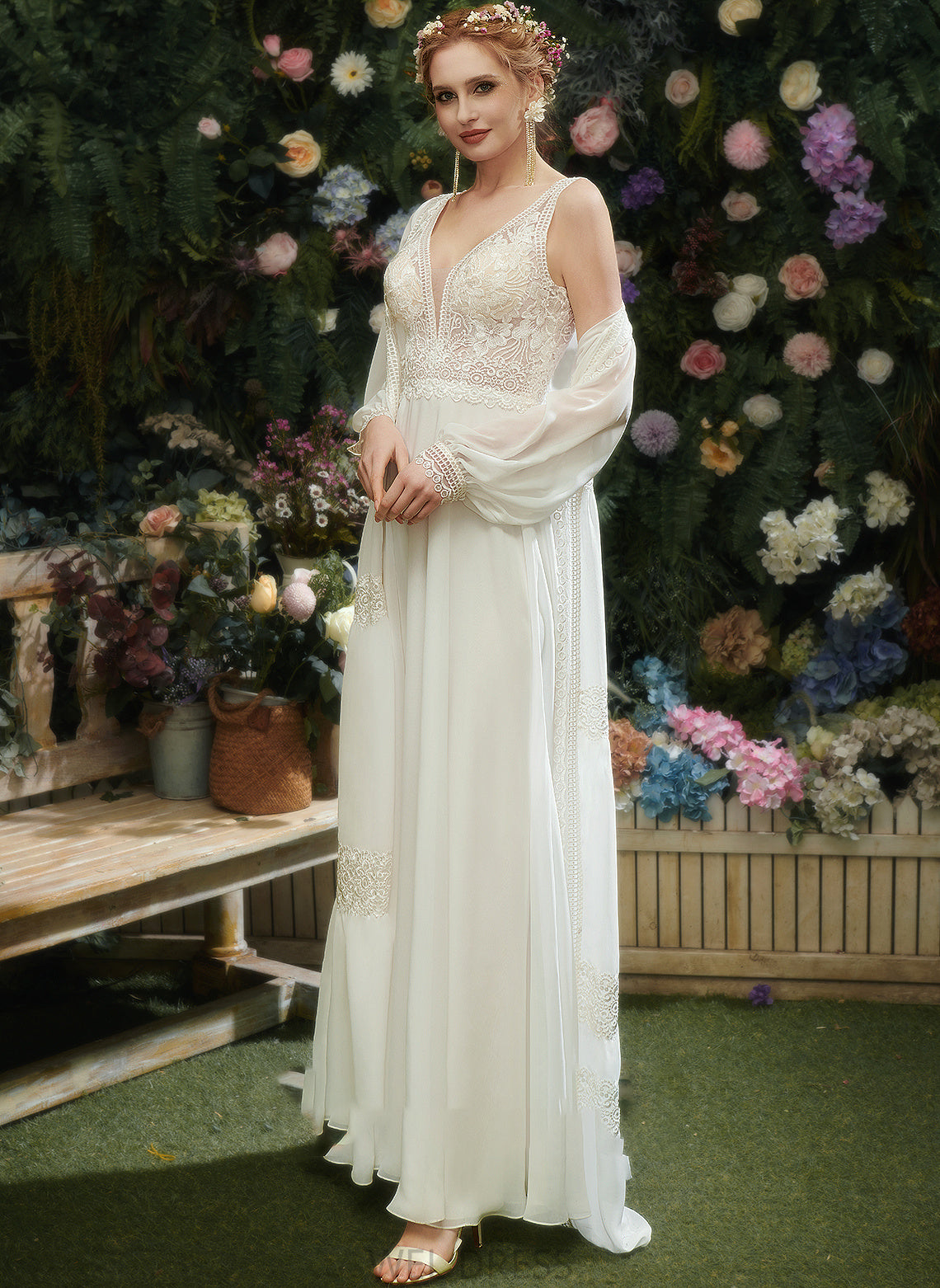Sequins Floor-Length Lace Dress V-neck Wedding Front With Split Logan A-Line Wedding Dresses