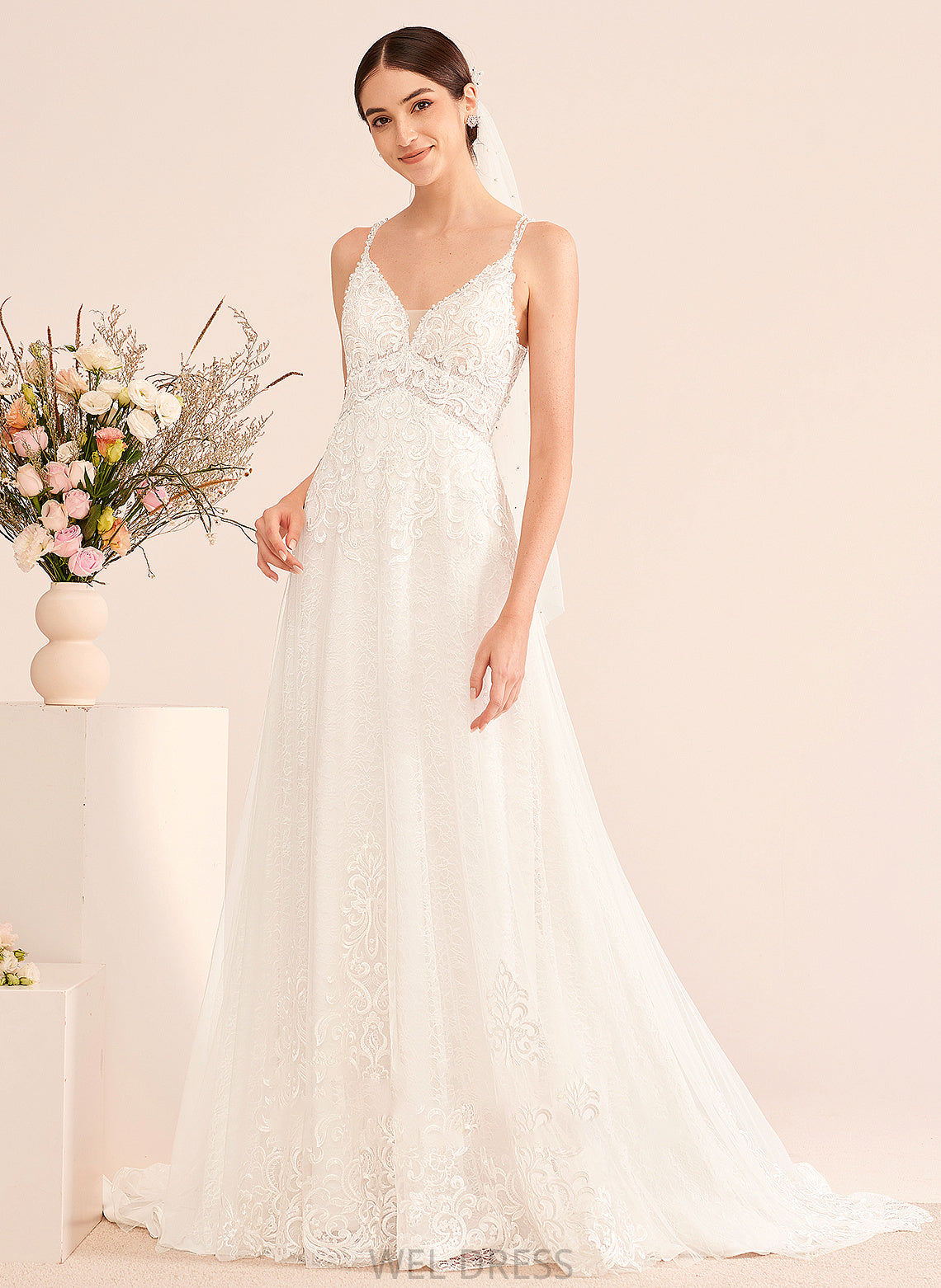 Wedding With Court Beading Dress V-neck Train Wedding Dresses Abby A-Line