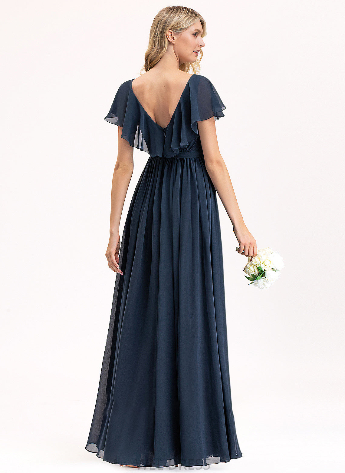 SplitFront Fabric Length Embellishment CascadingRuffles Silhouette Floor-Length Neckline Bow(s) A-Line V-neck Aniya