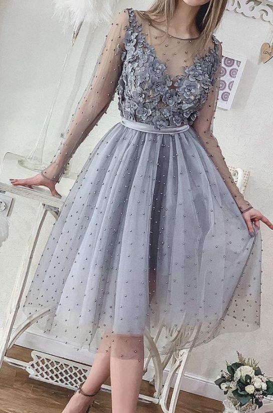 Short Ryan Silver Grey Homecoming Dresses Pearls Long Sleeve Lace Appliqued Beads Mini Cocktail Party Dresses Cheap Formal Gowns CD1766