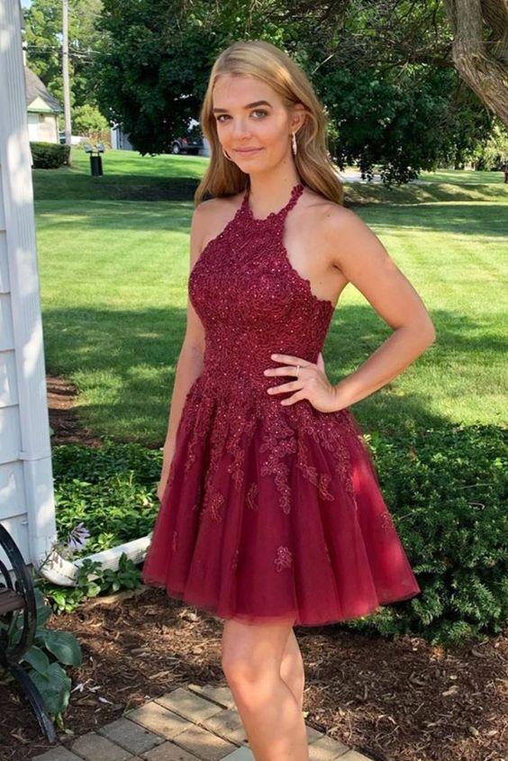 Akira Homecoming Dresses Halter Burgundy A-Line Short CD23153