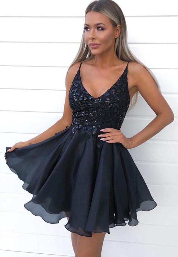 Black V Neck Sequins Mayra Homecoming Dresses Short CD23755