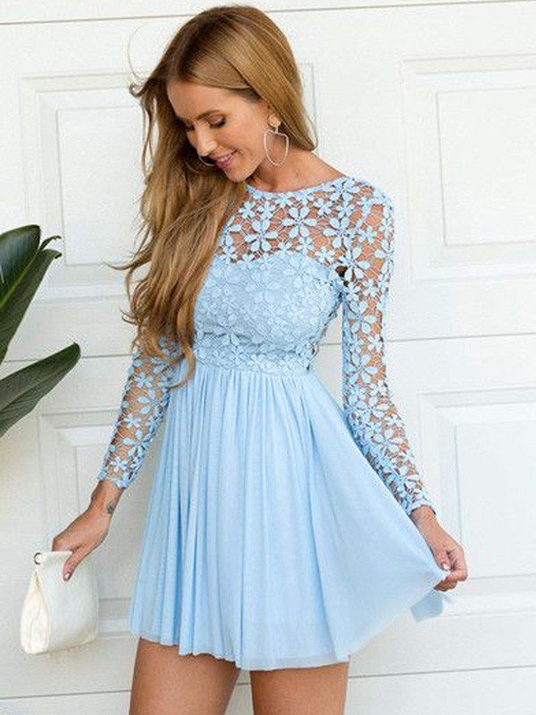 Homecoming Dresses A-Line/Princess Scoop Long Sleeves Lace Natalia Short/Mini Chiffon Dresses