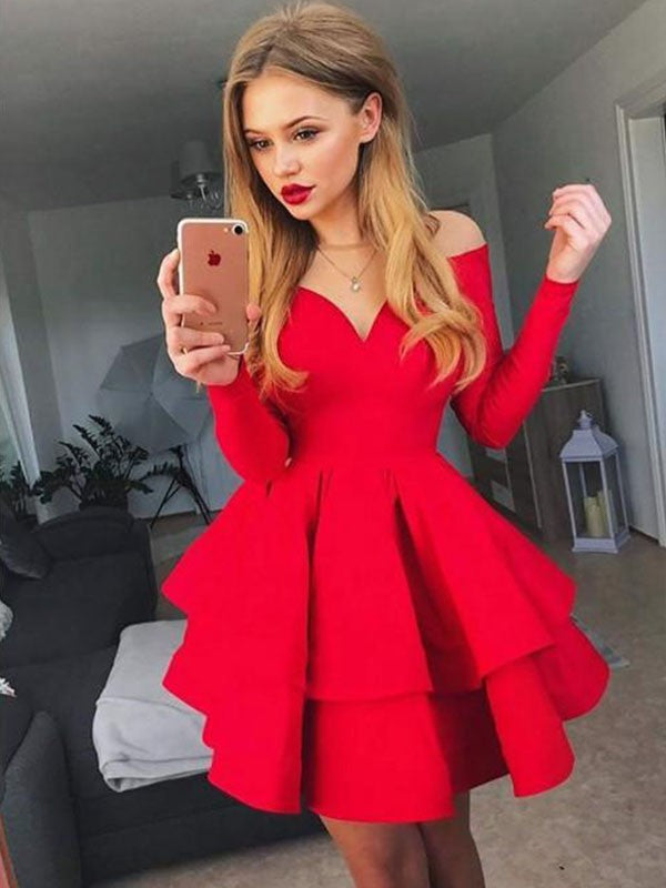 A-Line/Princess Stretch Crepe Nataly Off-the-Shoulder Ruffles Long Sleeves Short/Mini Dresses Homecoming Dresses